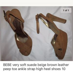BEBE tan suede retro 70's look ankle strap shoes